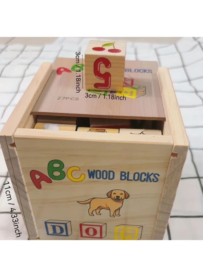Wooden Blocks Set Early Learning Alphabet Numbers Fruits Animals Puzzle Toy - Image 2